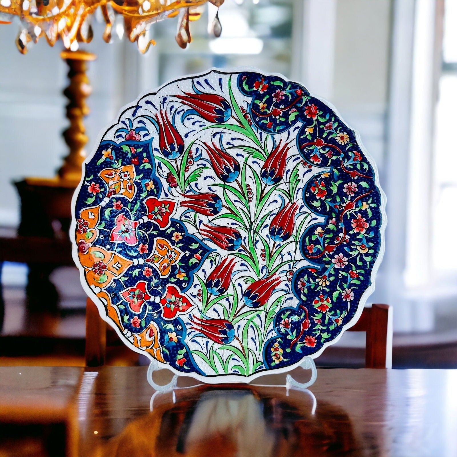 Turkish Ceramic Plate Tulip Floral Pattern Stand Included - Rosetta Creative Boutique